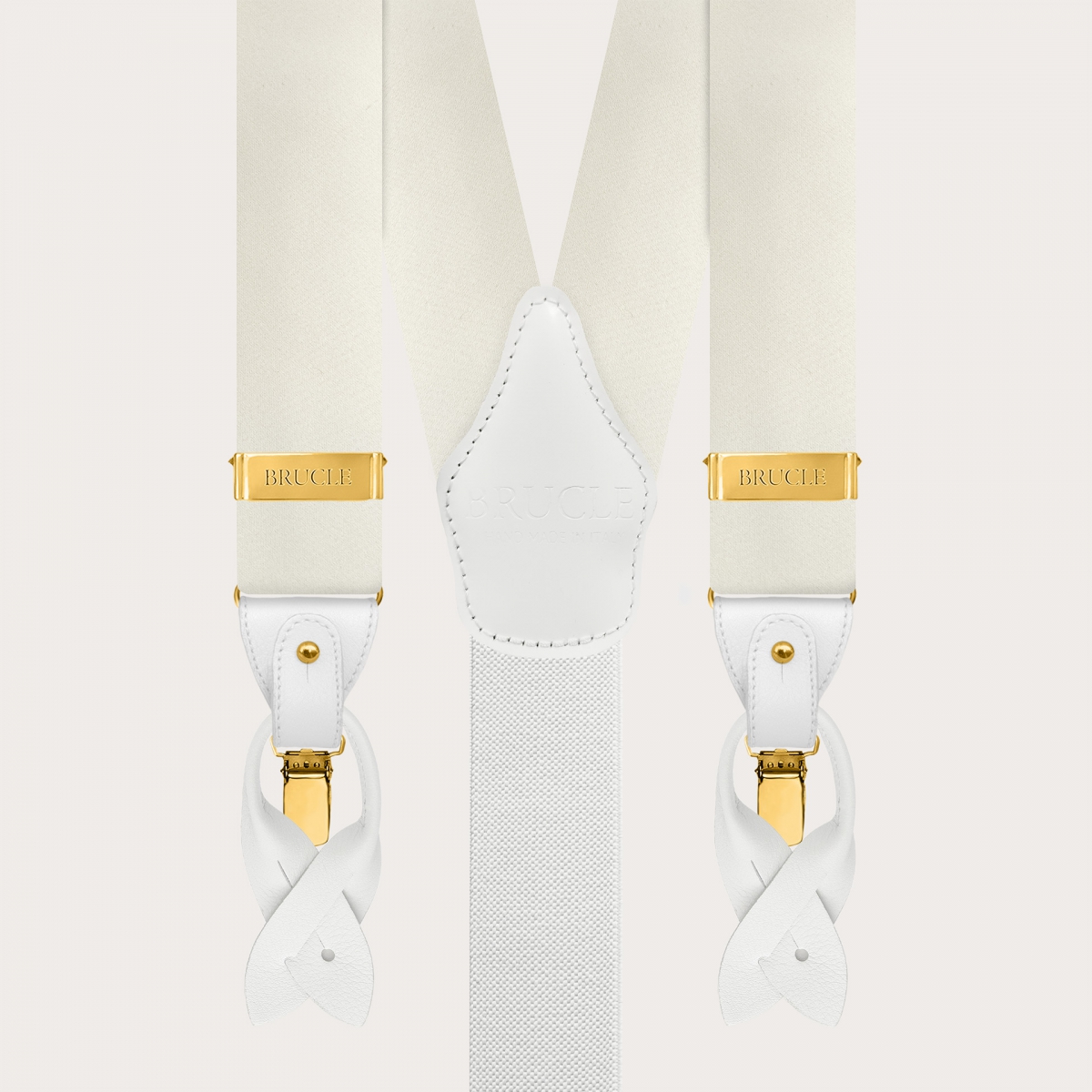 Wide white silk satin suspenders with gold clips