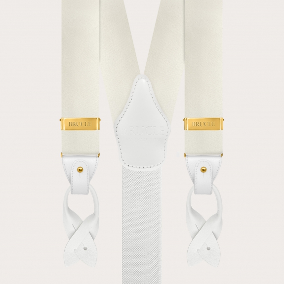 Wide white silk satin suspenders with gold clips