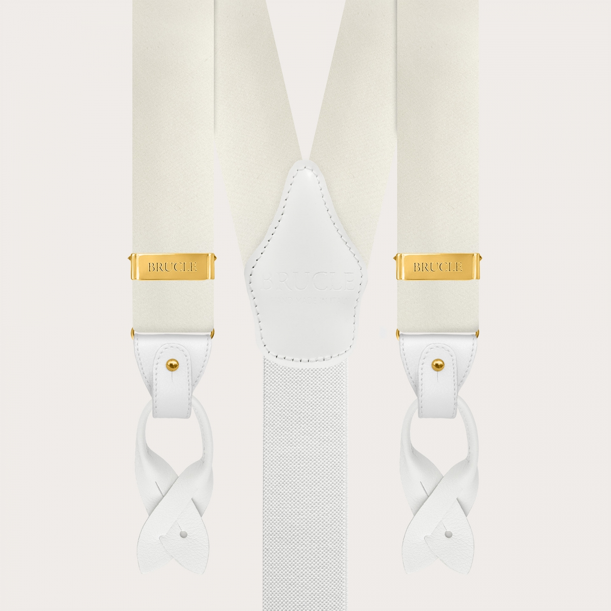 Wide white silk satin suspenders with gold clips