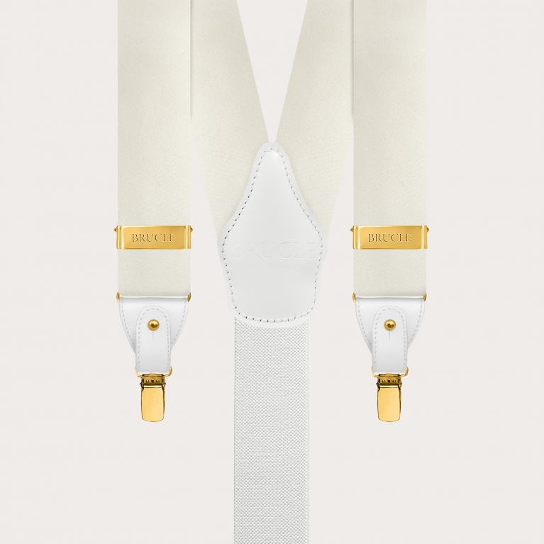 Wide white silk satin suspenders with gold clips