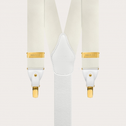 Wide white silk satin suspenders with gold clips