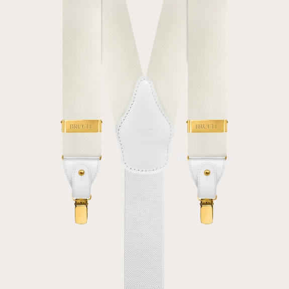 Wide white silk satin suspenders with gold clips