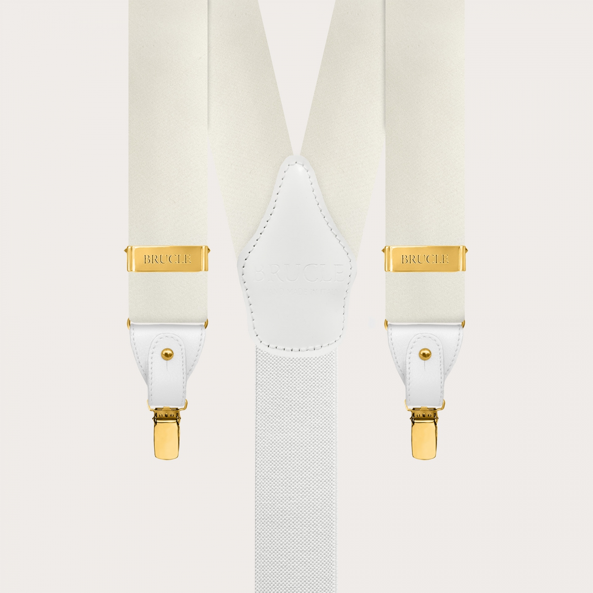 Wide white silk satin suspenders with gold clips