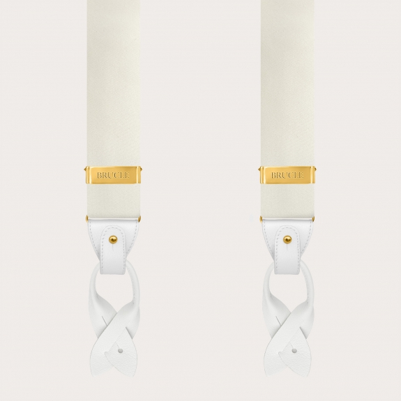 Wide white silk satin suspenders with gold clips