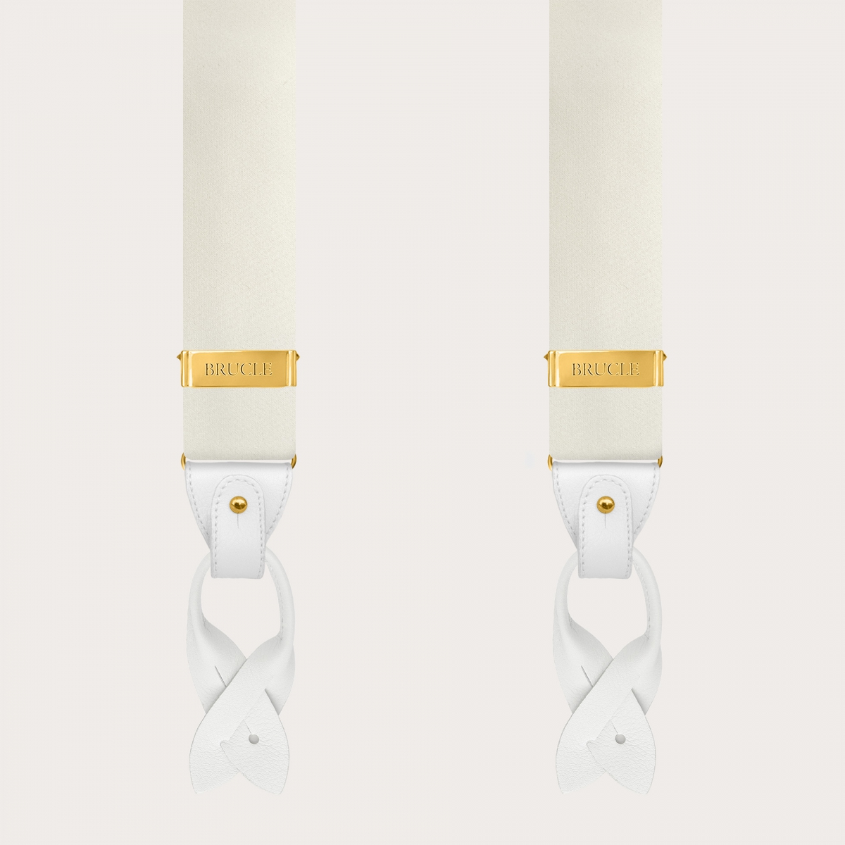 Wide white silk satin suspenders with gold clips