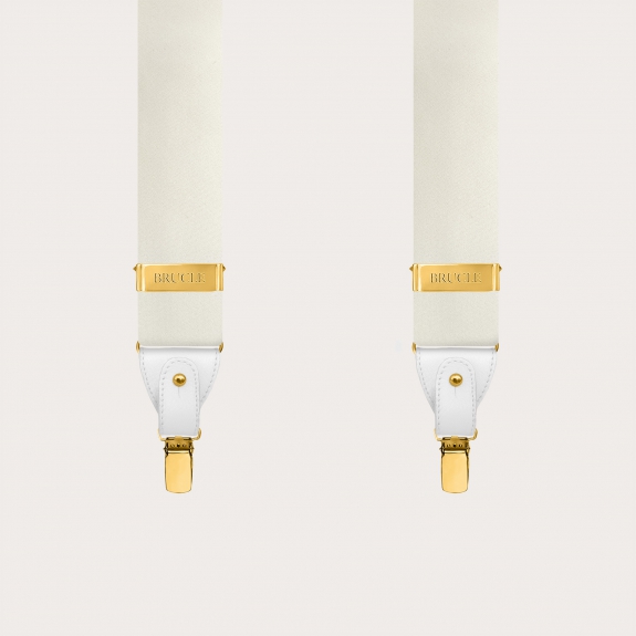 Wide white silk satin suspenders with gold clips