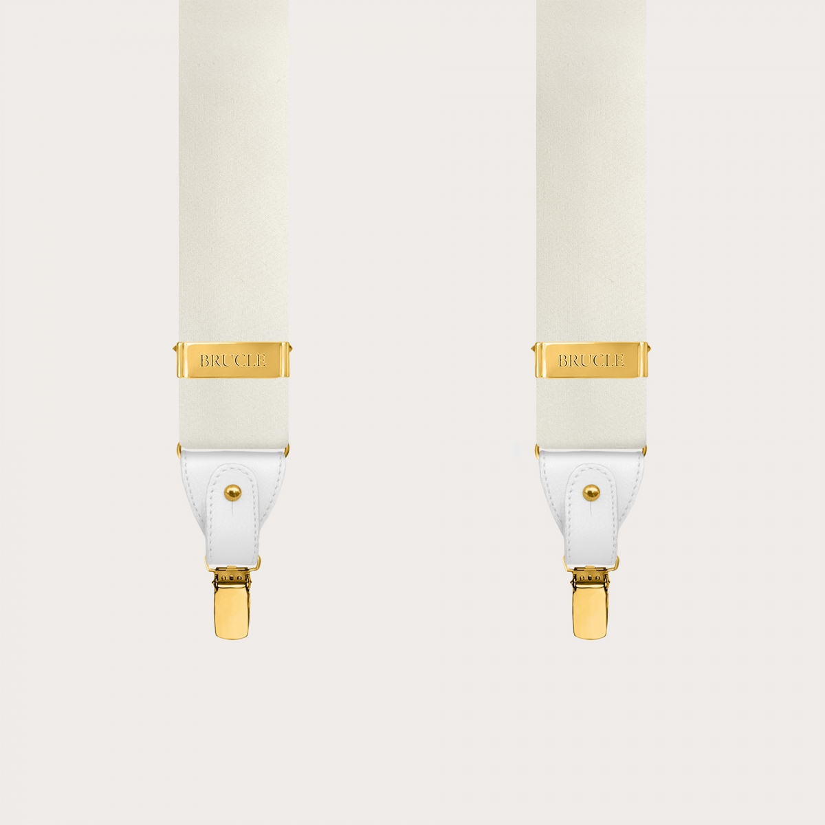 Wide white silk satin suspenders with gold clips