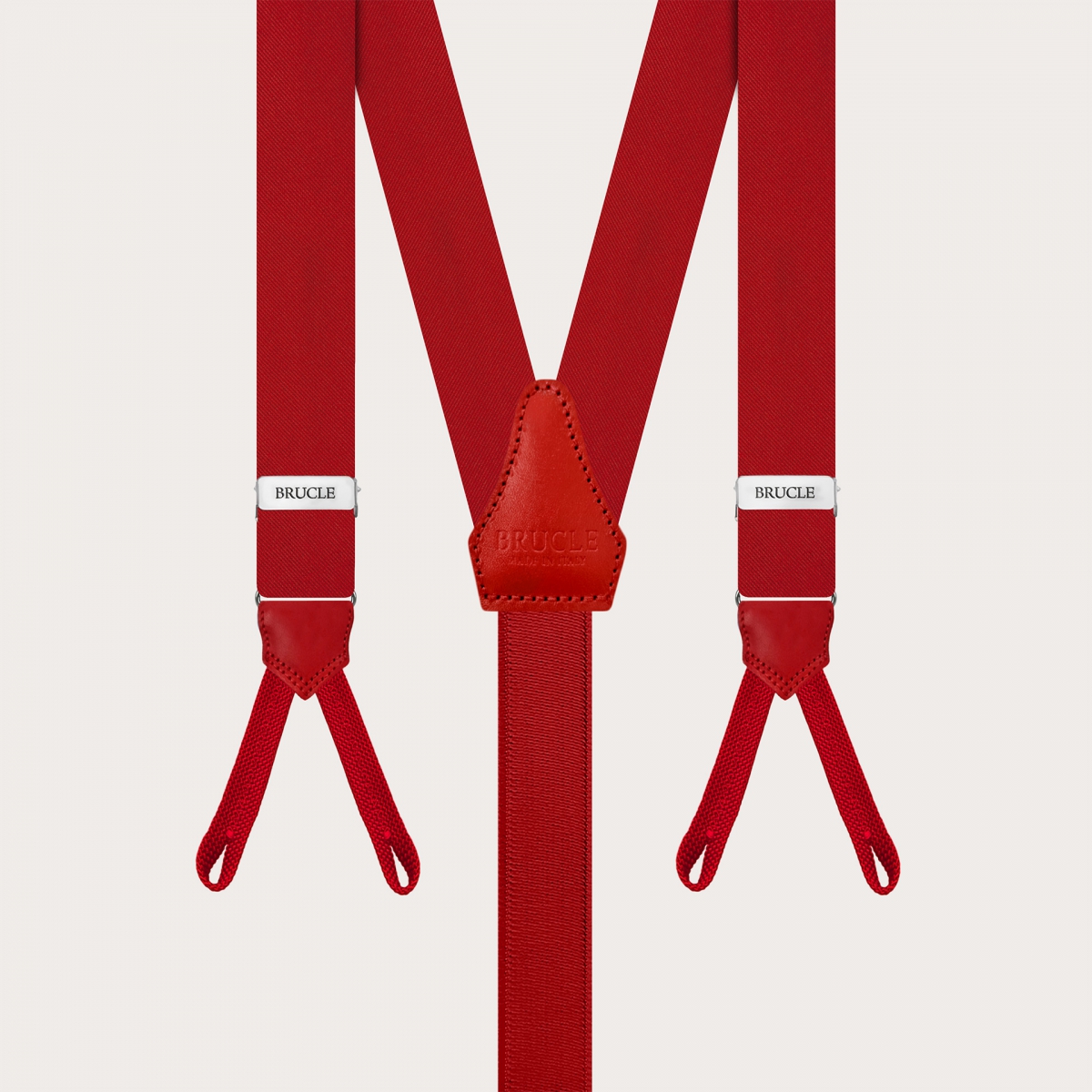 Narrow red silk satin suspenders with buttonholes