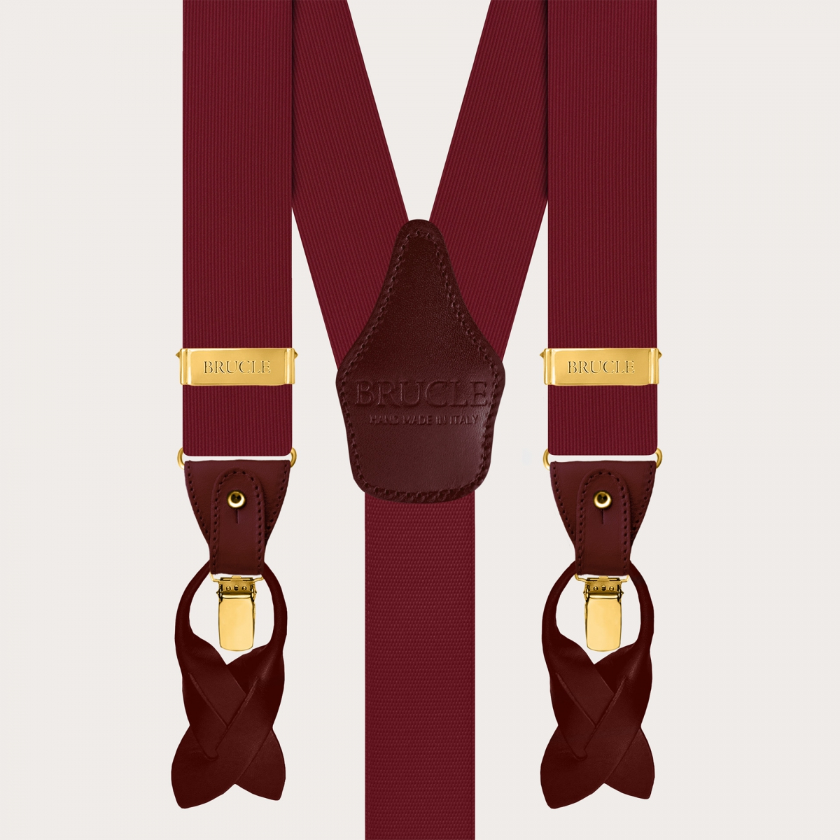 Burgundy silk men's suspenders with gold metal parts for clips and buttons