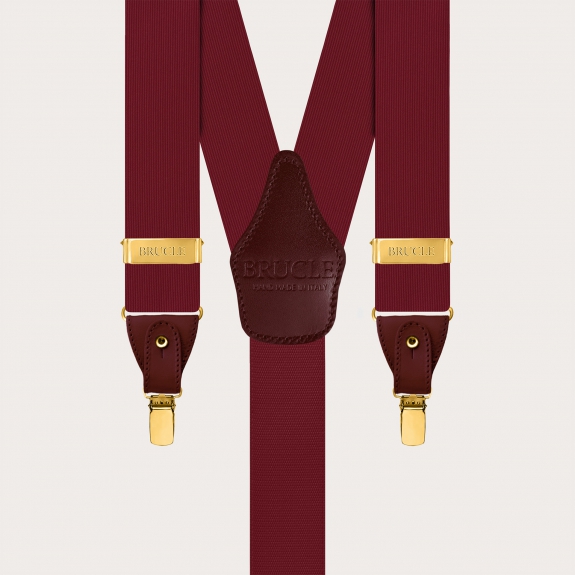 Burgundy silk men's suspenders with gold metal parts for clips and buttons