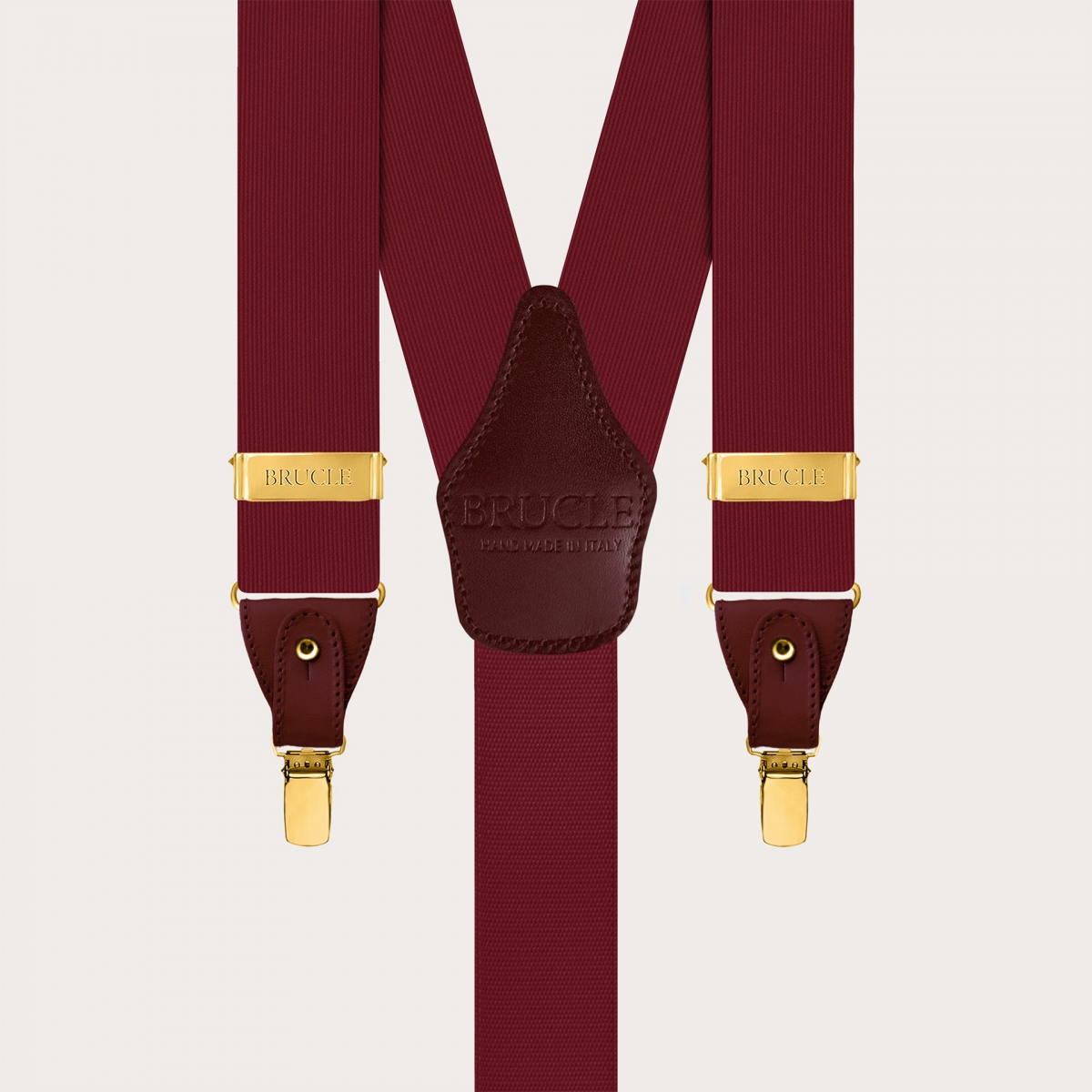 Burgundy silk men's suspenders with gold metal parts for clips and buttons