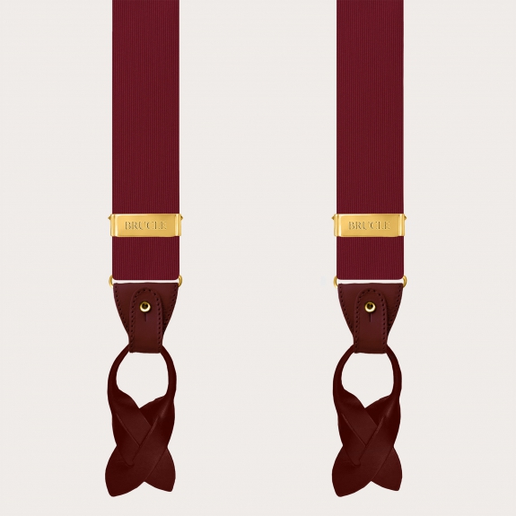 Burgundy silk men's suspenders with gold metal parts for clips and buttons