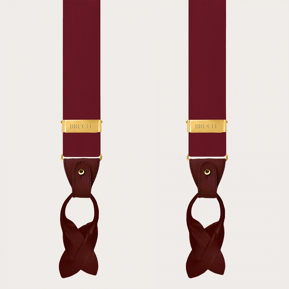 Burgundy silk men's suspenders with gold metal parts for clips and buttons