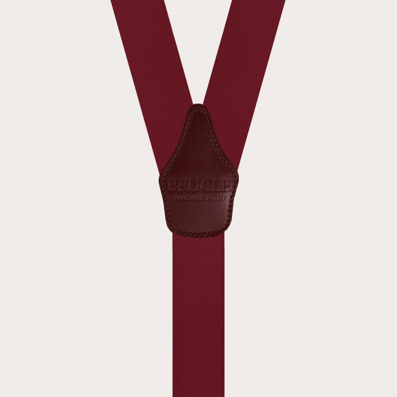 Burgundy silk men's suspenders with gold metal parts for clips and buttons