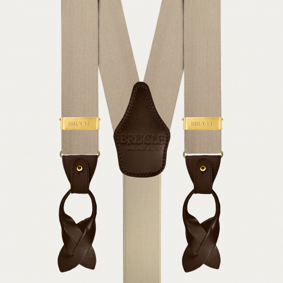 Men's champagne silk suspenders with gold metal parts