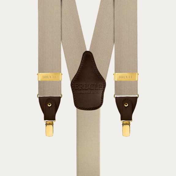 Men's champagne silk suspenders with gold metal parts