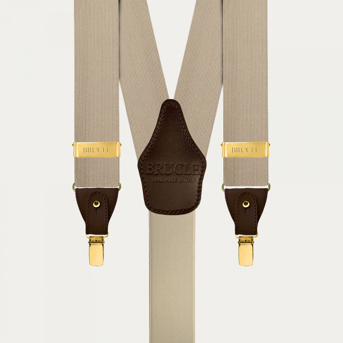 Men's champagne silk suspenders with gold metal parts