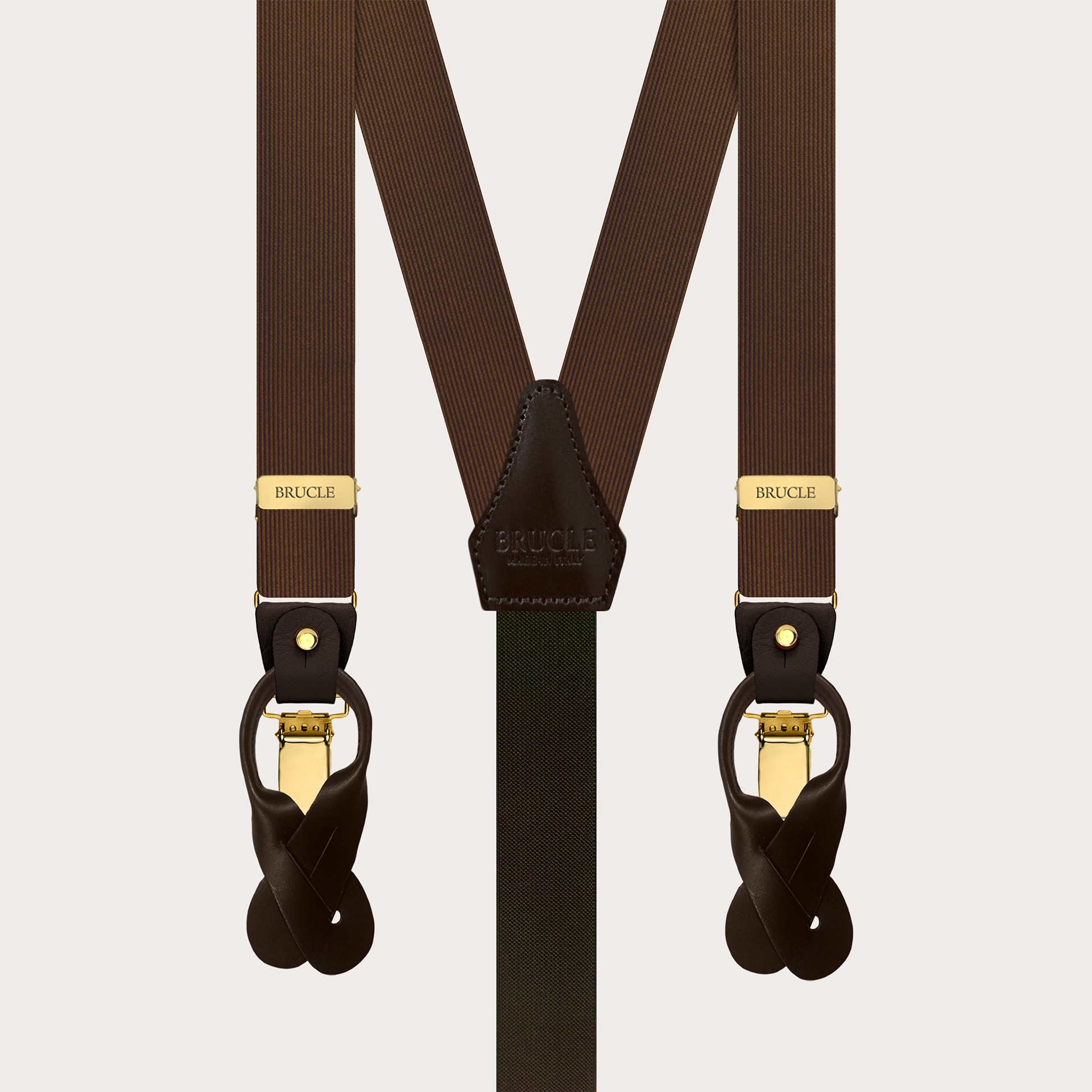 Narrow brown silk suspenders with gold buttons or clips