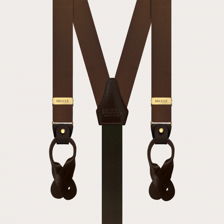 Narrow brown silk suspenders with gold buttons or clips