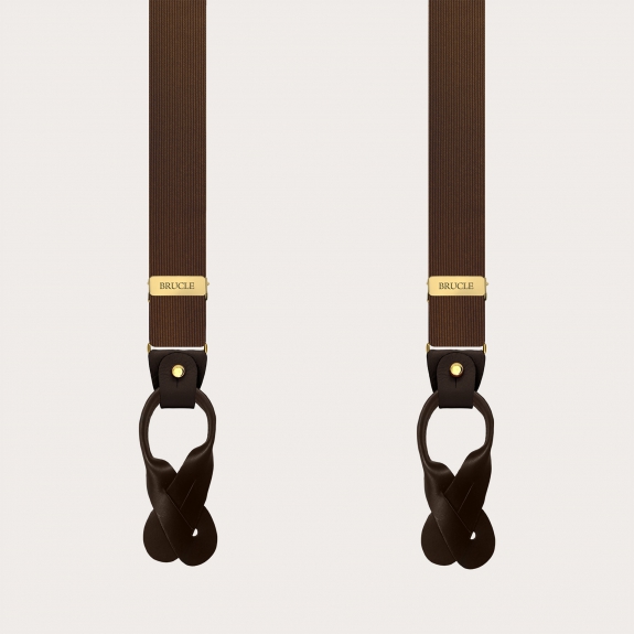 Narrow brown silk suspenders with gold buttons or clips