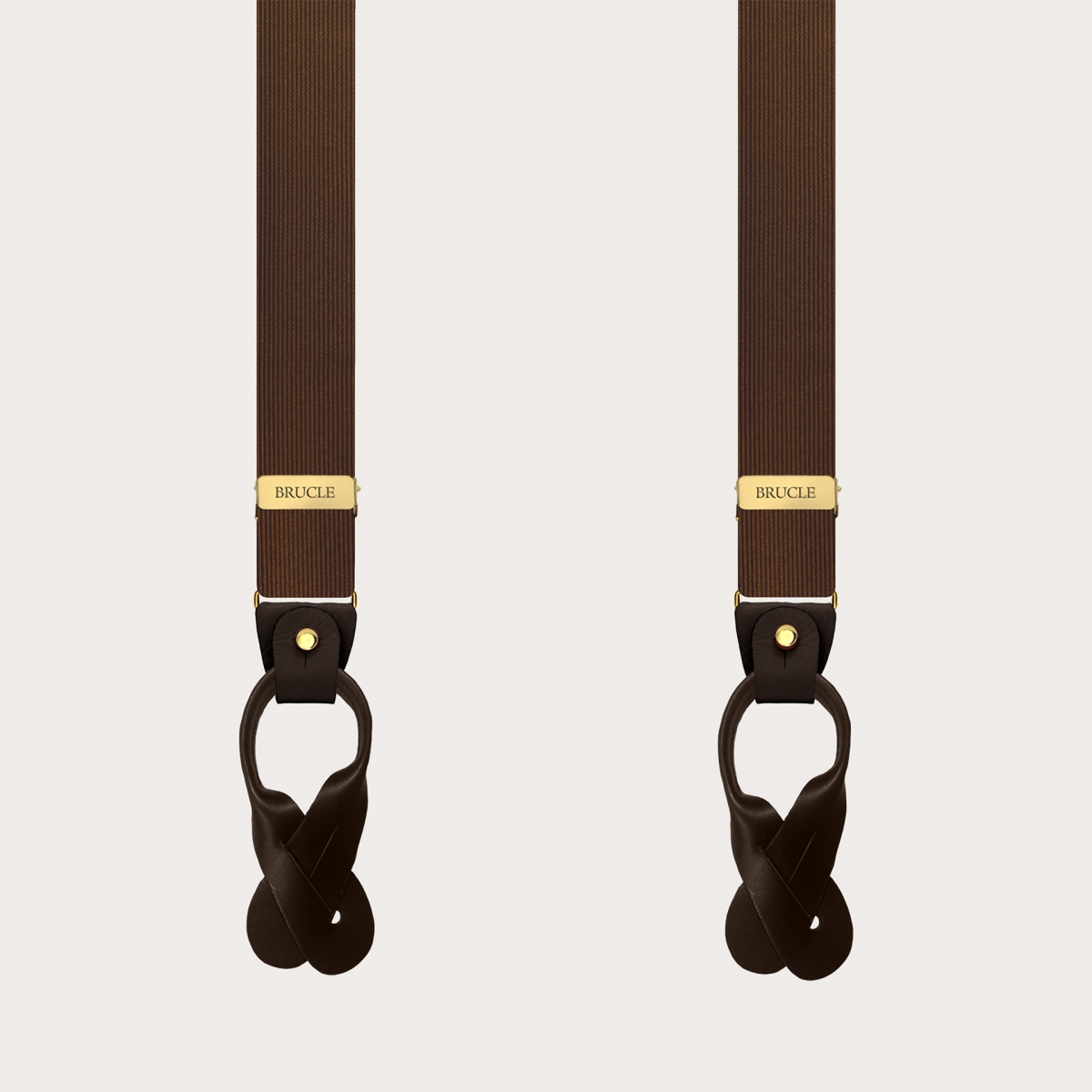 Narrow brown silk suspenders with gold buttons or clips