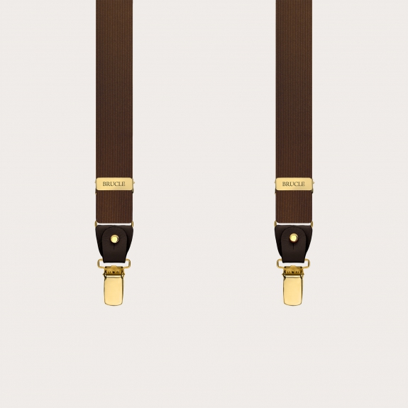 Narrow brown silk suspenders with gold buttons or clips