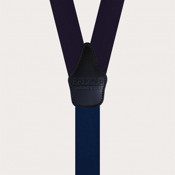 Blue men's suspenders with gold clips in silk satin for buttons or clips