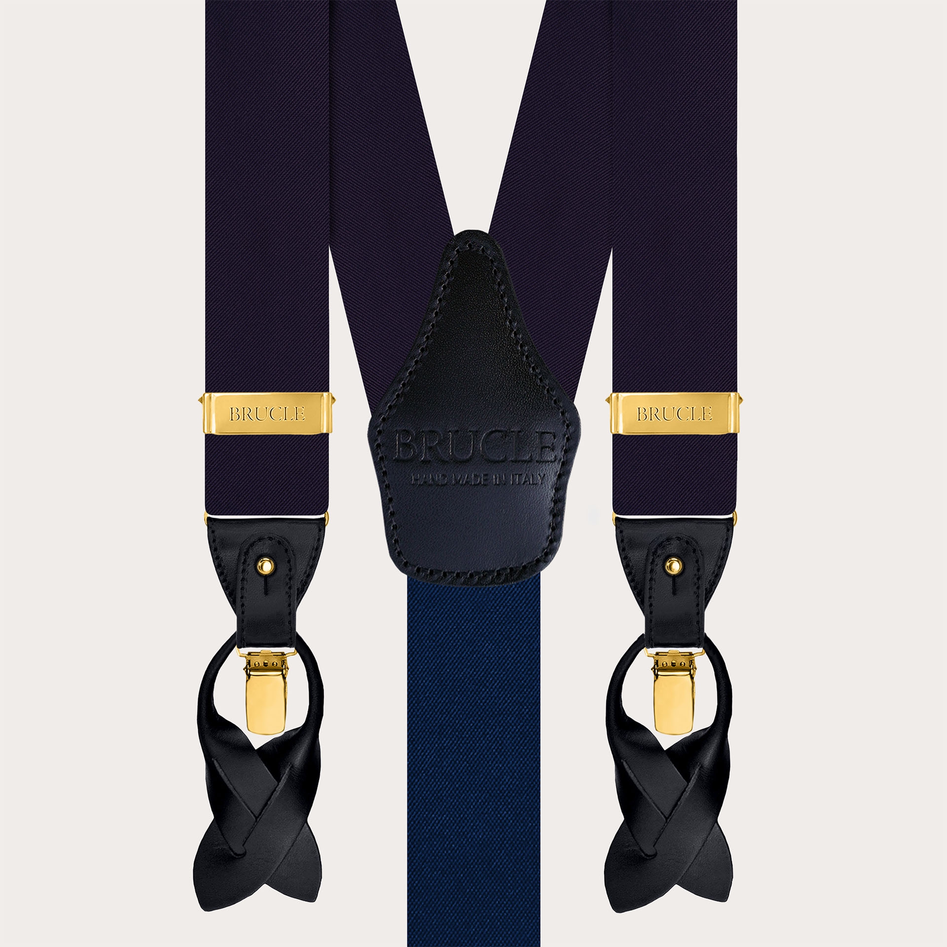 Blue men's suspenders with gold clips in silk satin for buttons or clips