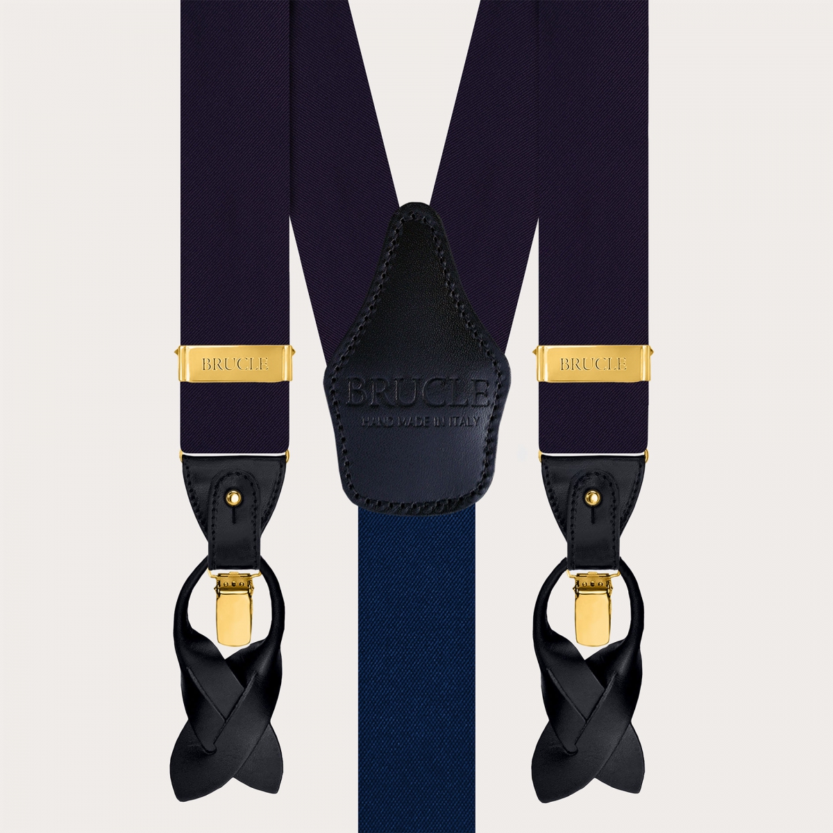 Blue men's suspenders with gold clips in silk satin for buttons or clips