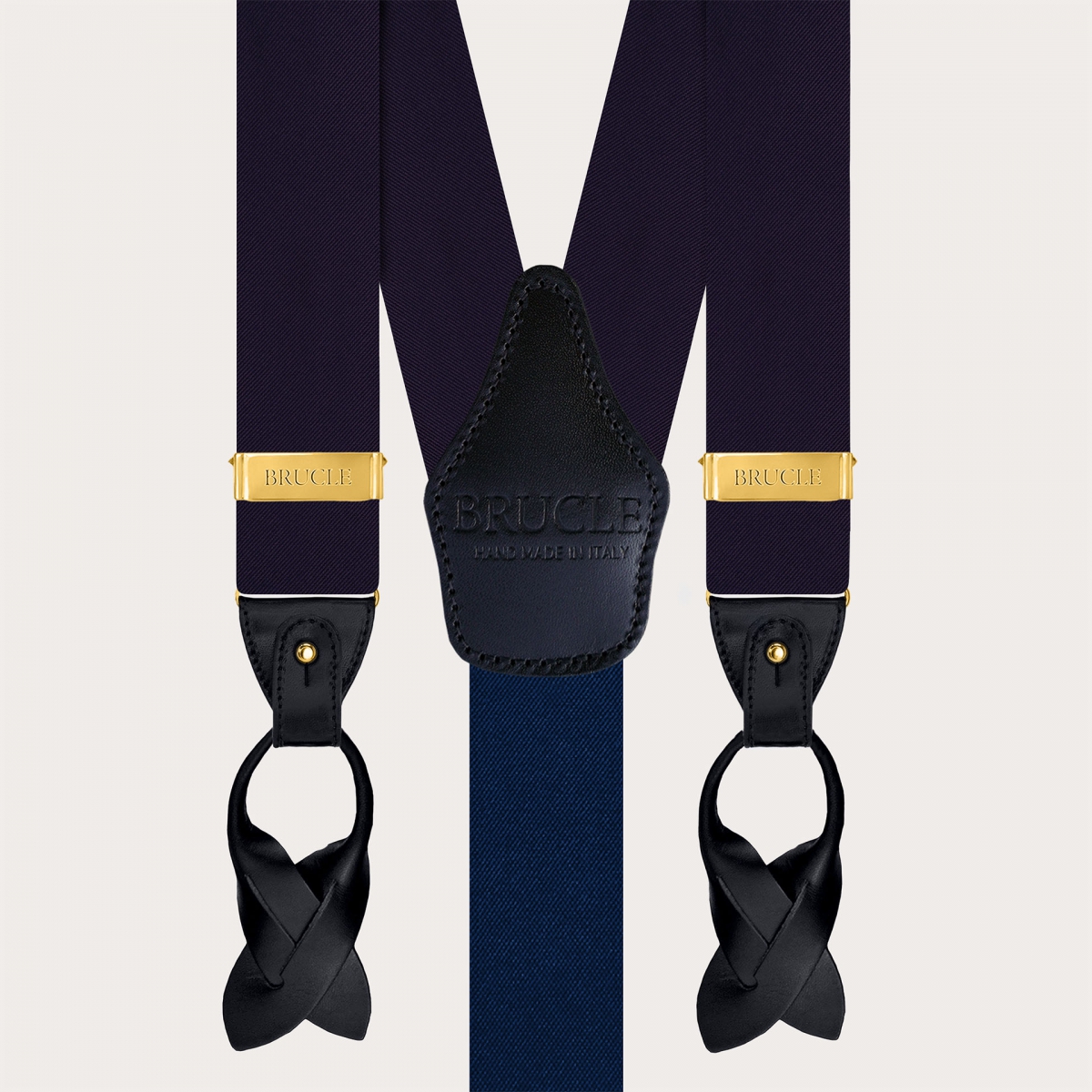 Blue men's suspenders with gold clips in silk satin for buttons or clips