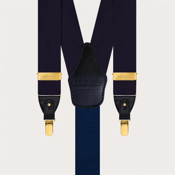 Blue men's suspenders with gold clips in silk satin for buttons or clips