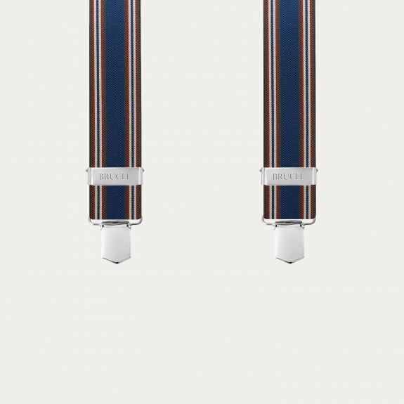 Elastic X-back suspenders with blue and orange striped pattern and hand-colored leather