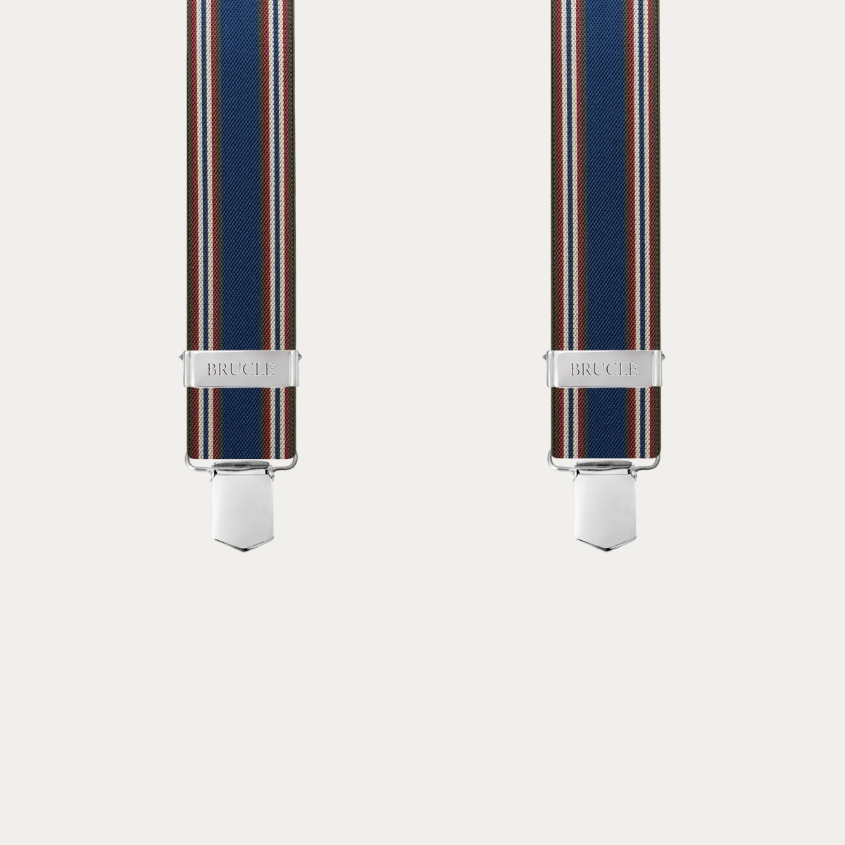 Elastic X-back suspenders with blue and orange striped pattern and hand-colored leather