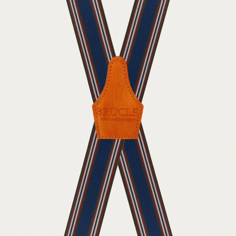 Elastic X-back suspenders with blue and orange striped pattern and hand-colored leather