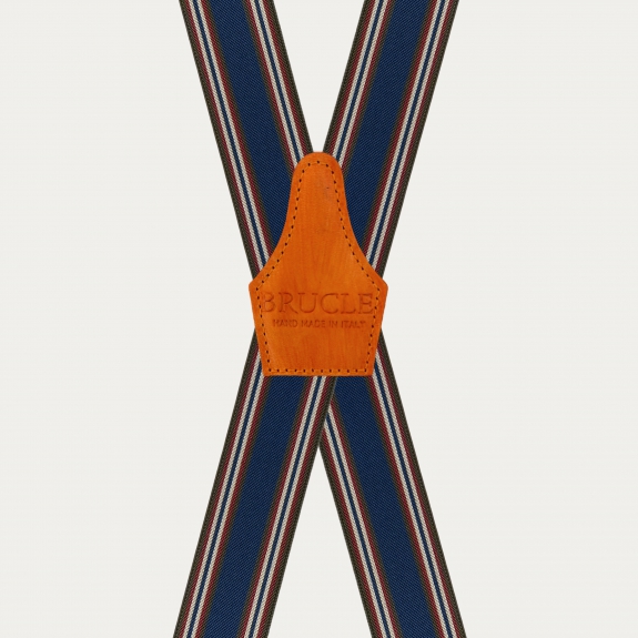 Elastic X-back suspenders with blue and orange striped pattern and hand-colored leather