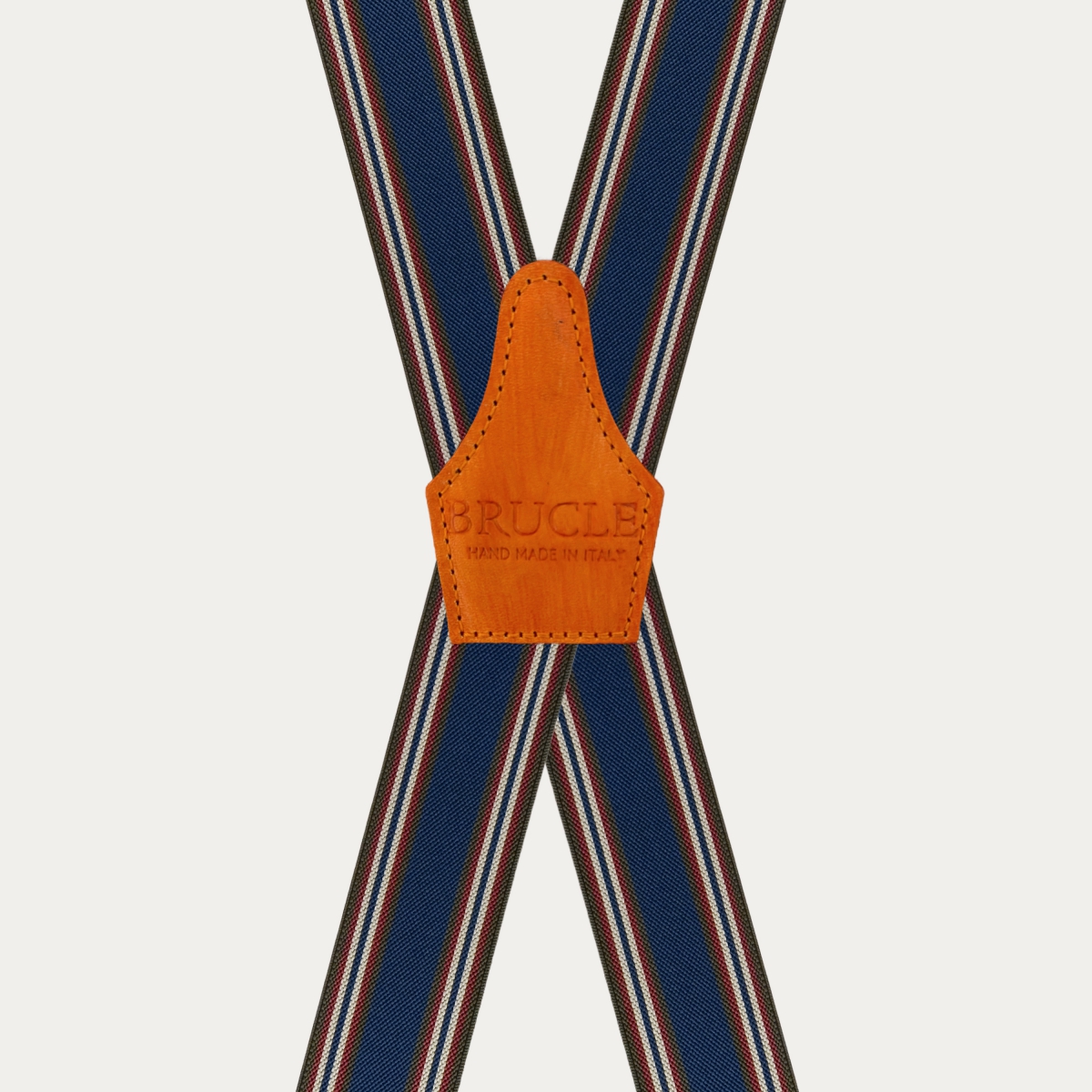 Elastic X-back suspenders with blue and orange striped pattern and hand-colored leather