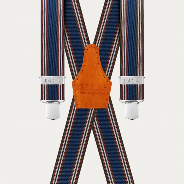 Elastic X-back suspenders with blue and orange striped pattern and hand-colored leather