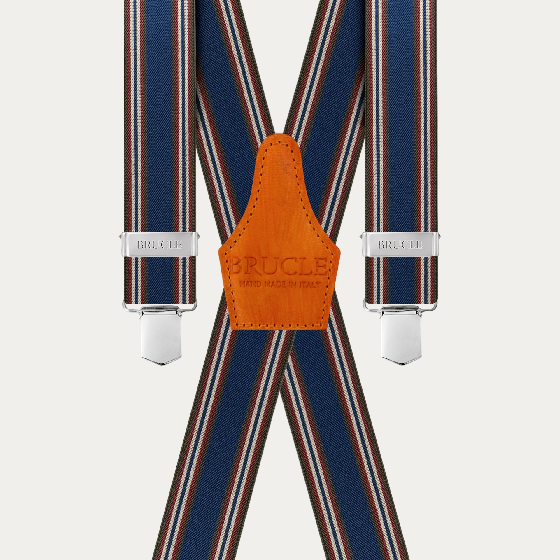 Elastic X-back suspenders with blue and orange striped pattern and hand-colored leather