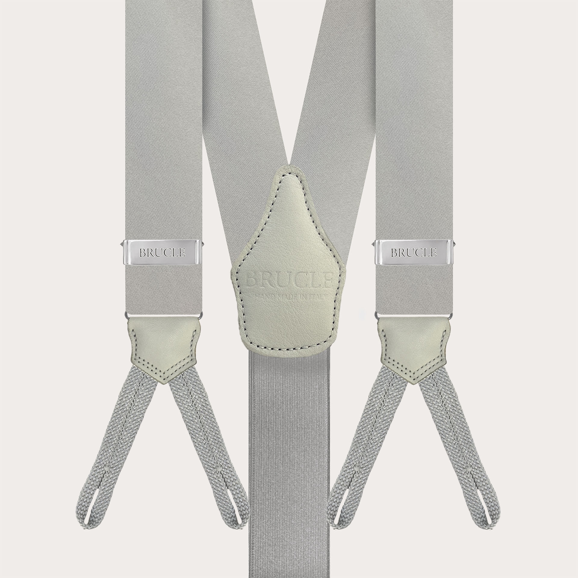 Grey silk satin suspenders with braid runners