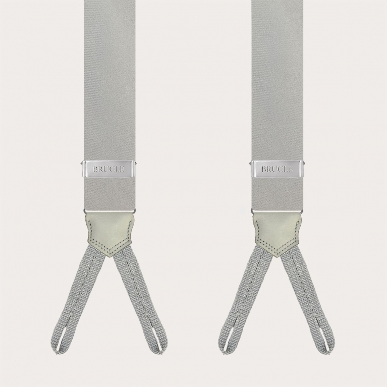 Grey silk satin suspenders with braid runners