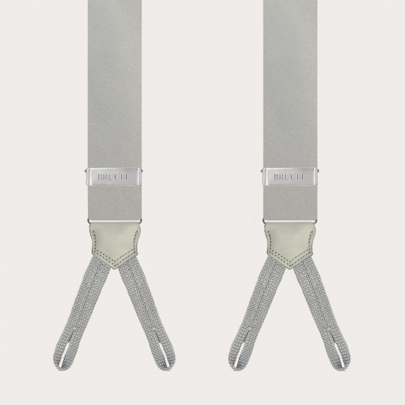 Grey silk satin suspenders with braid runners