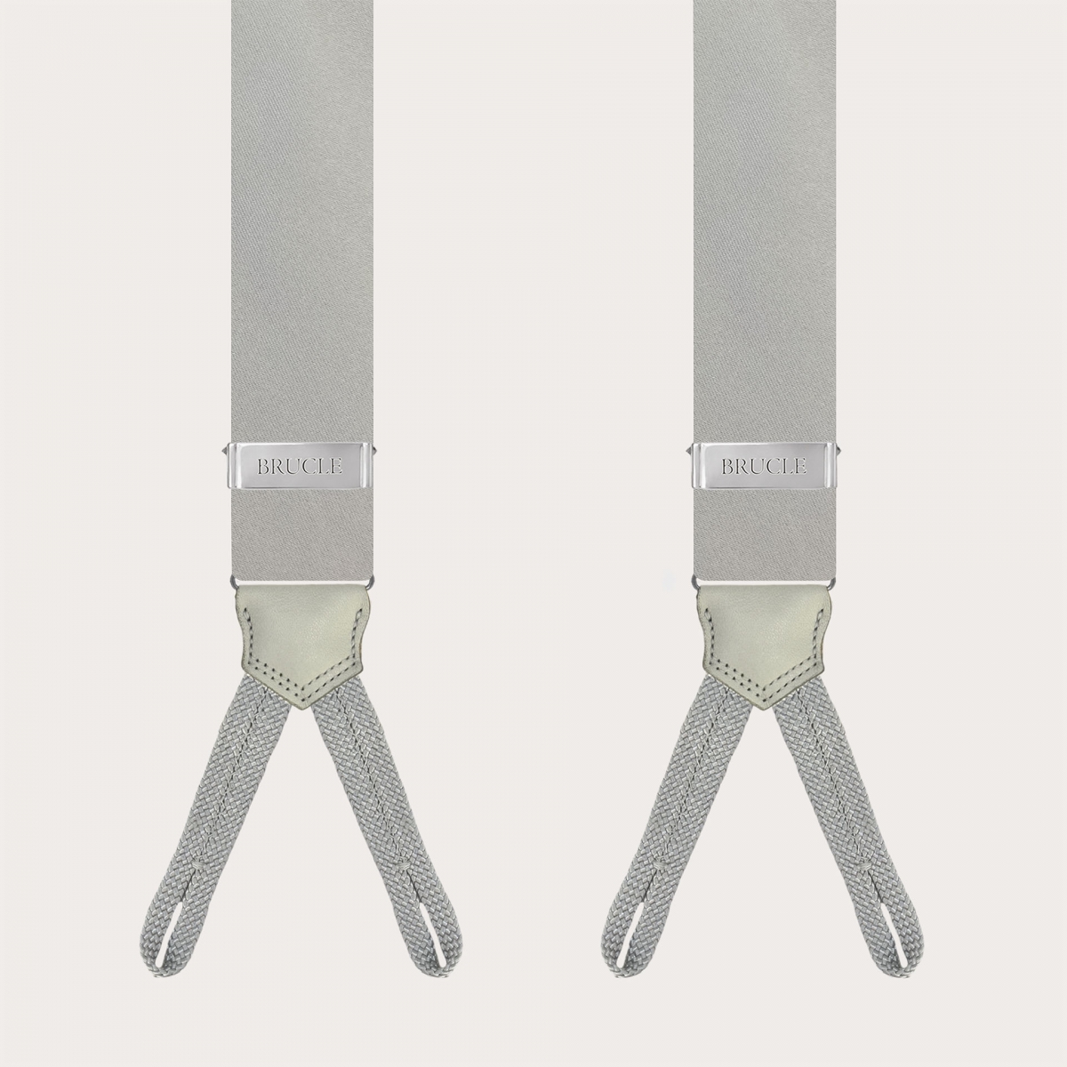 Grey silk satin suspenders with braid runners