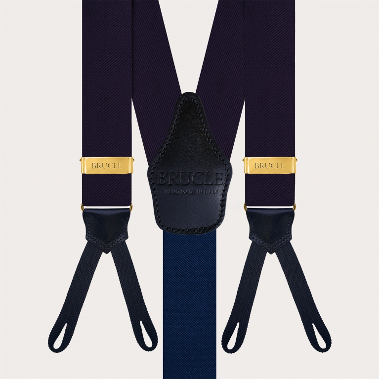 Men's blue silk satin suspenders for button use with gold adjusters