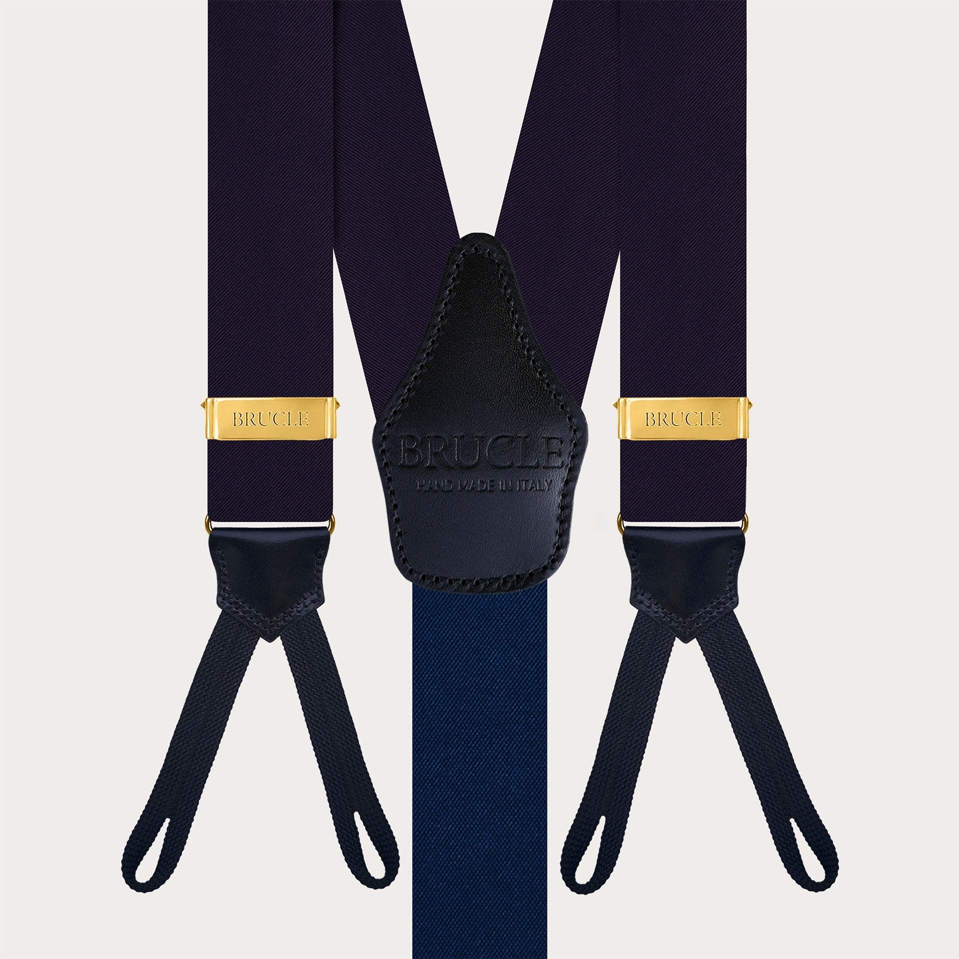 Men's blue silk satin suspenders for button use with gold adjusters