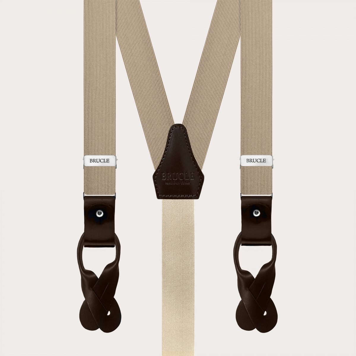 Narrow champagne dual-use suspenders with buttons or clips