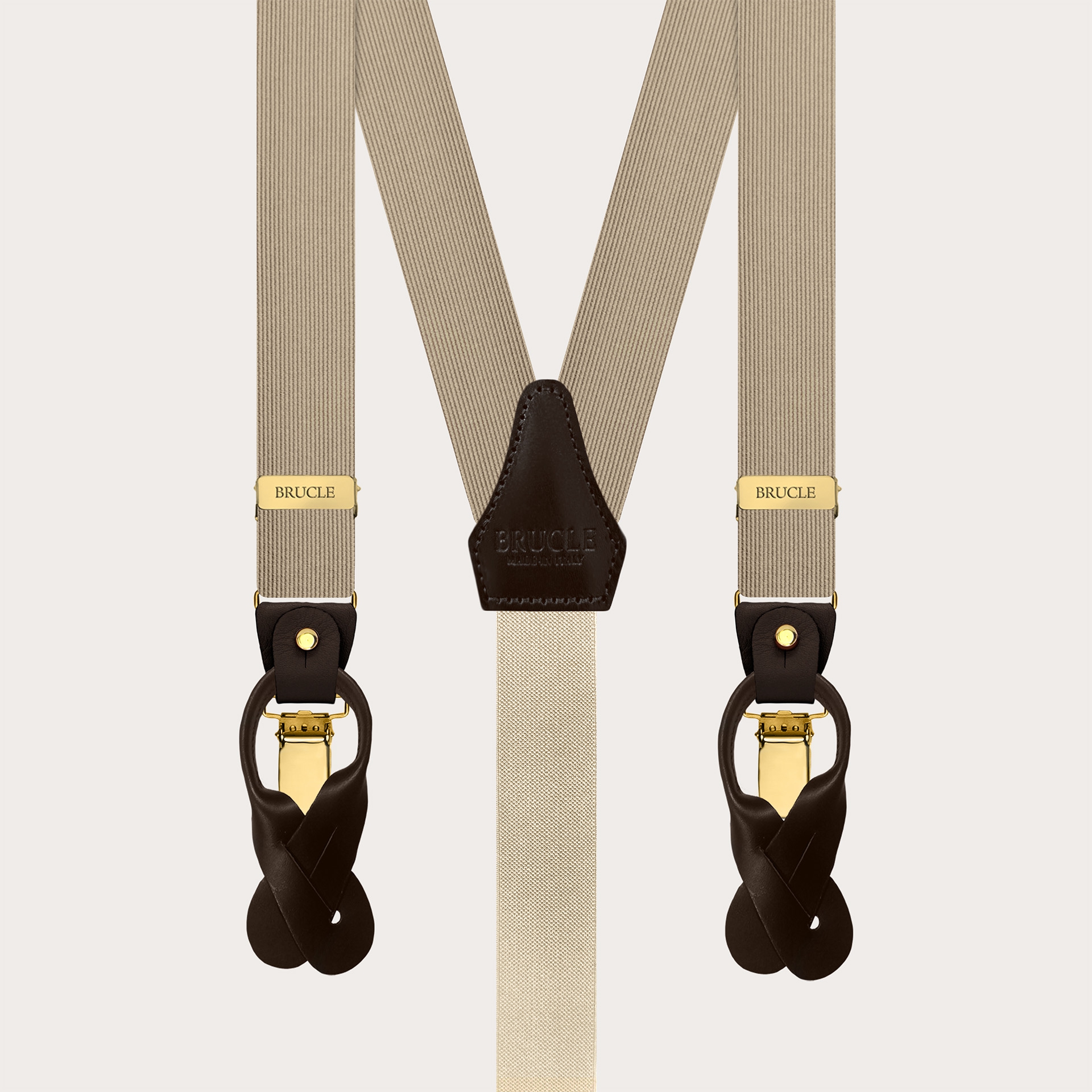 Narrow champagne silk suspenders with gold metal parts for buttons or clips