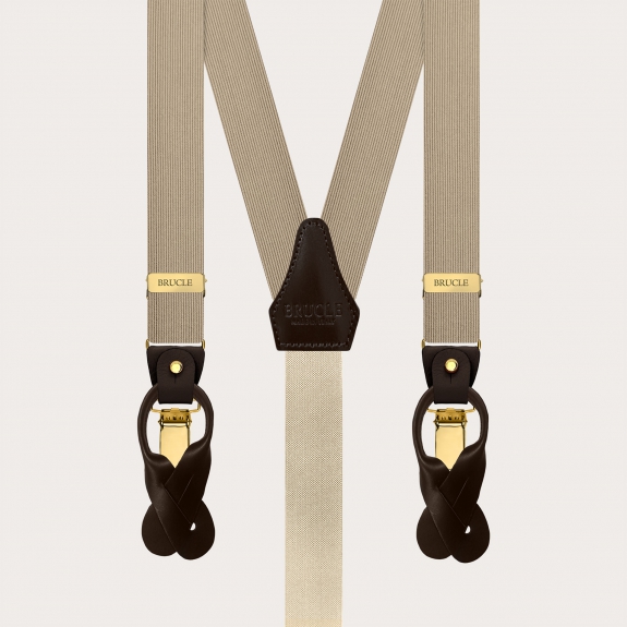 Narrow champagne silk suspenders with gold metal parts for buttons or clips