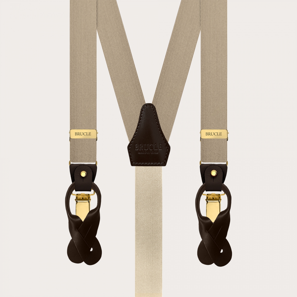 Narrow champagne silk suspenders with gold metal parts for buttons or clips