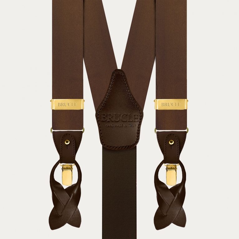 Brown silk dual-use suspenders with gold clips