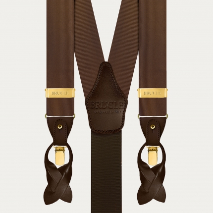 Brown silk dual-use suspenders with gold clips